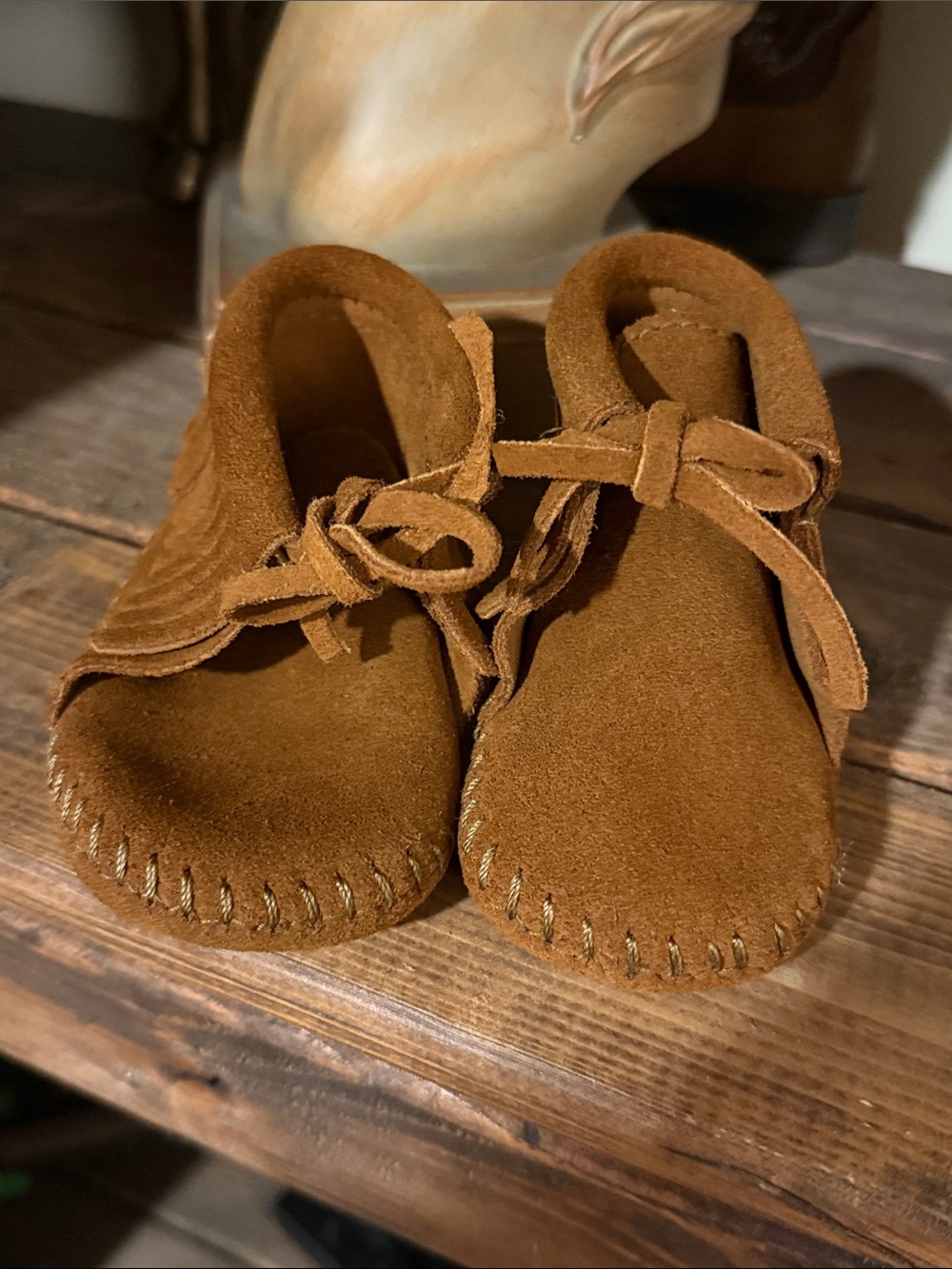 Minnetonka Kids Suede Moccasins in Chestnut Brown